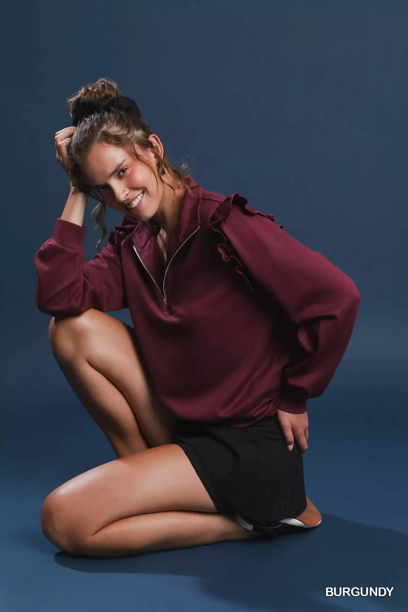 Umgee Luxeknit Ruffle Shoulder Quarter-Zip Sweatshirt by Umgee