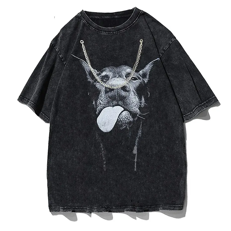 Gothic Dog Letter Print Vintage Washed Oversized T-Shirt by Vimost Shop