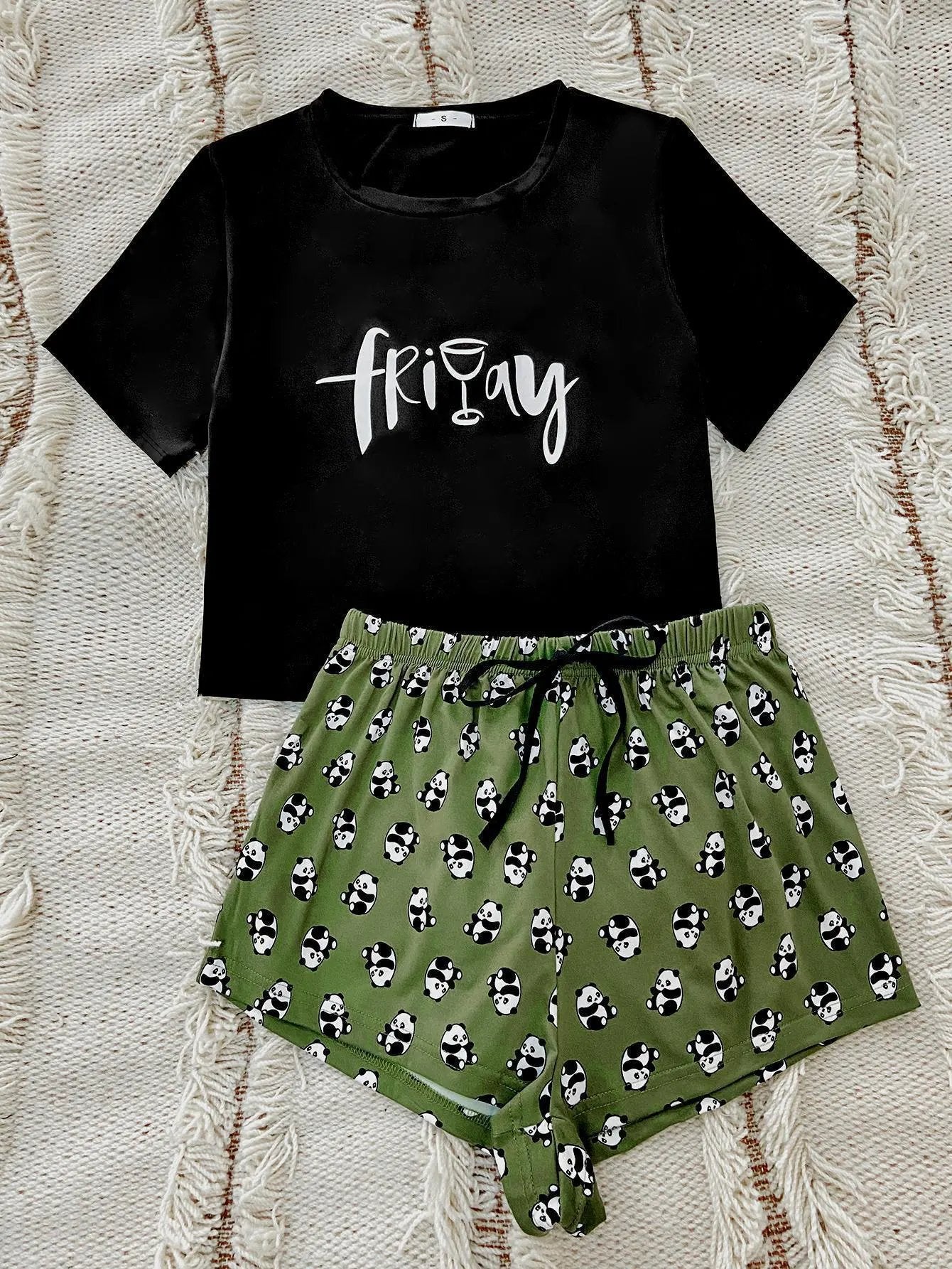 Graphic Tee and Panda Print Shorts Lounge Set by Partner Label