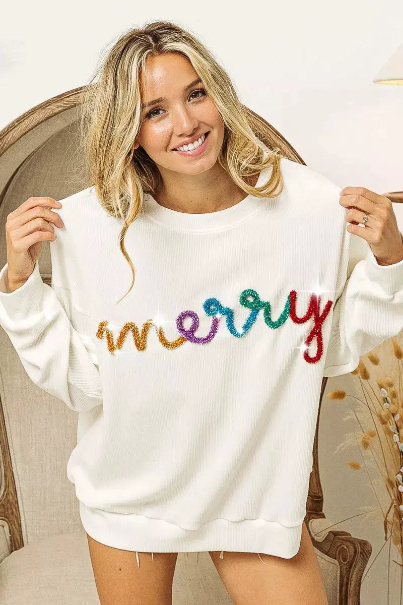 BiBi Merry Tinsel Lettering Drop Shoulder Sweatshirt by BiBi