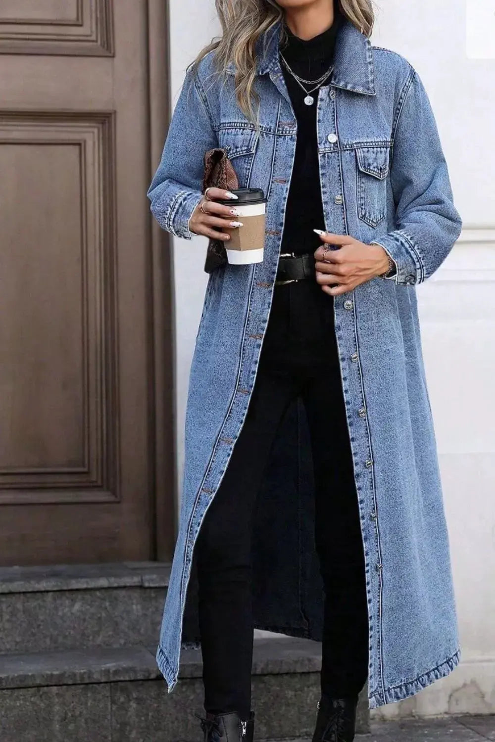 Longline Button-Front Denim Jacket by Partner Label
