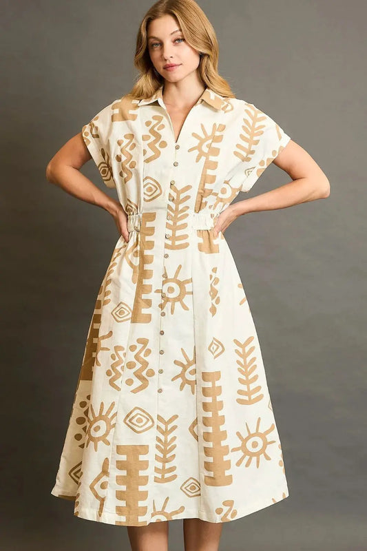 Umgee Full Size Abstract Print Elastic Waist Midi Dress Plus Size by Umgee