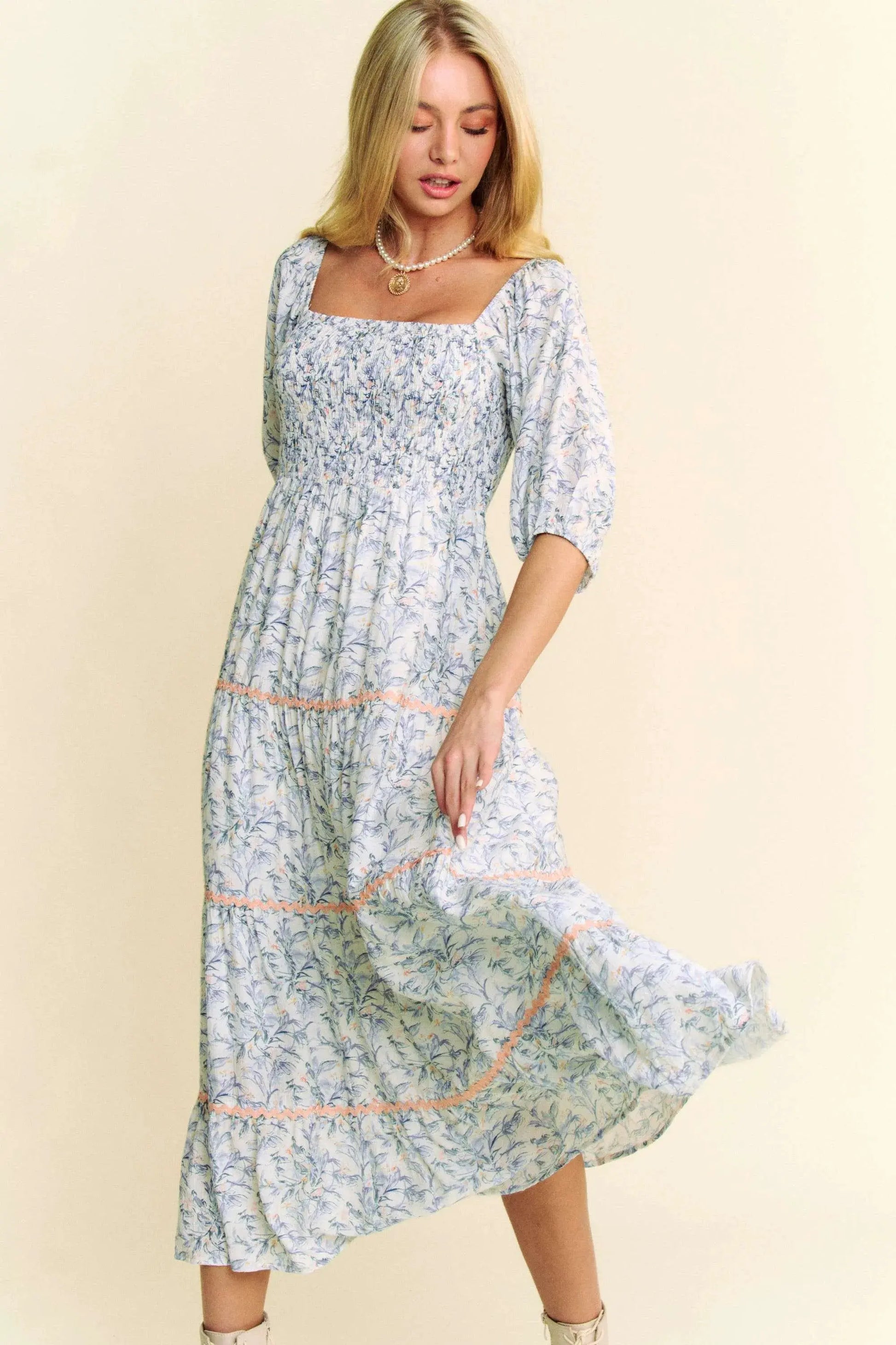 Davi & Dani Contrast Ric Smocking Bodice Tiered Midi Dress by Davi & Dani