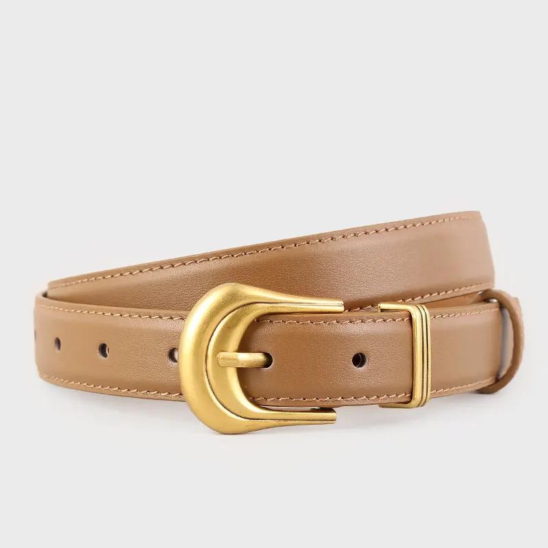 Classic Leather Belt with Golden Buckle by Trendsi