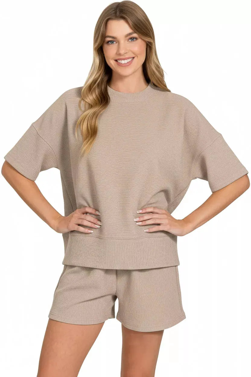 Zenana Ribbed Round Neck Waist Banded Tee & Shorts Set by Zenana