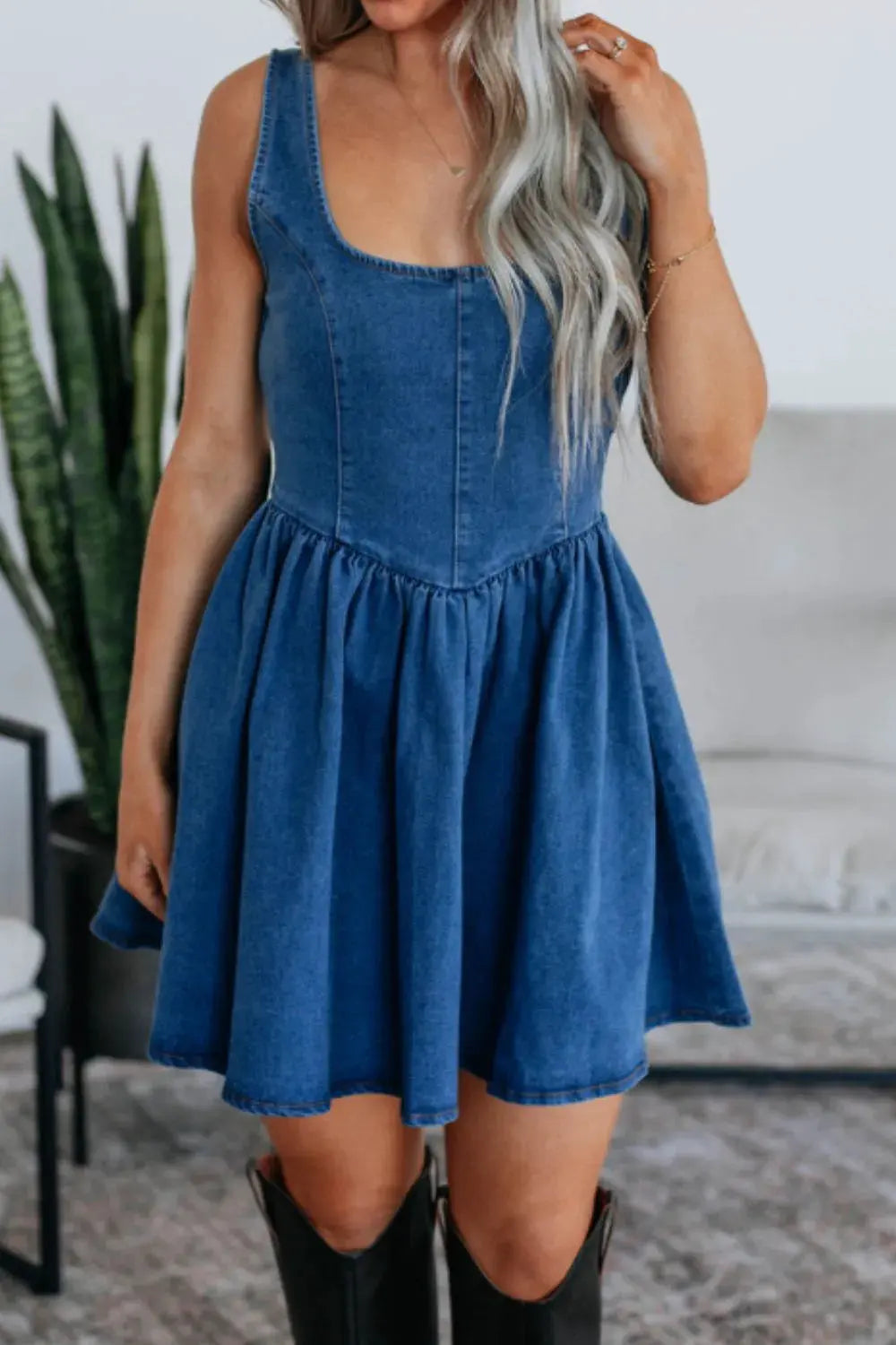 V-Back Bow Tie Denim Skater Dress by Partner Label