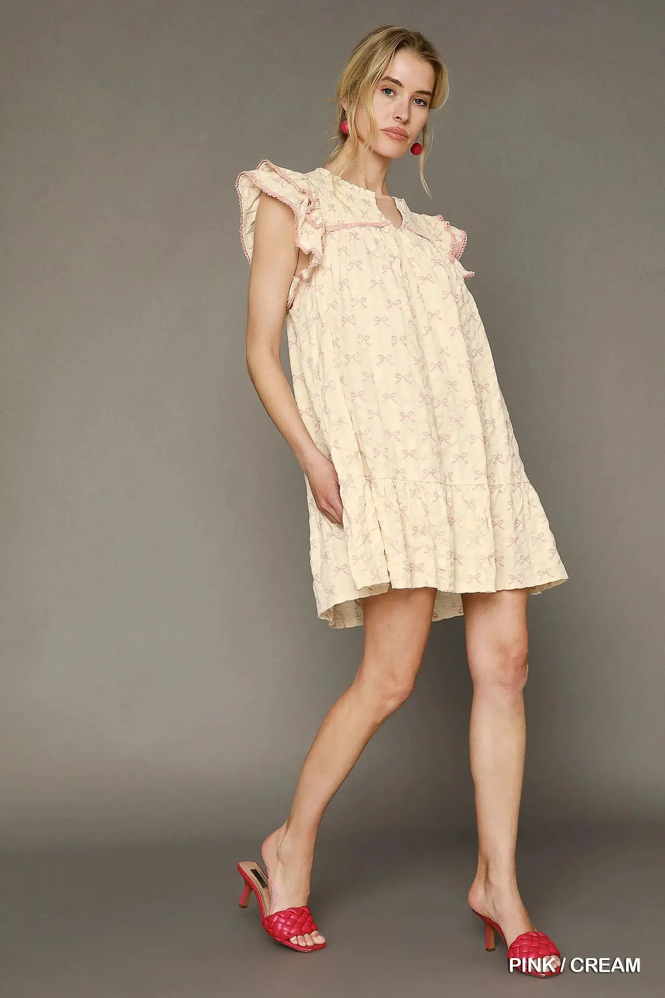 Umgee Bow Print Ruffled Cap Sleeve Mini Dress by Umgee