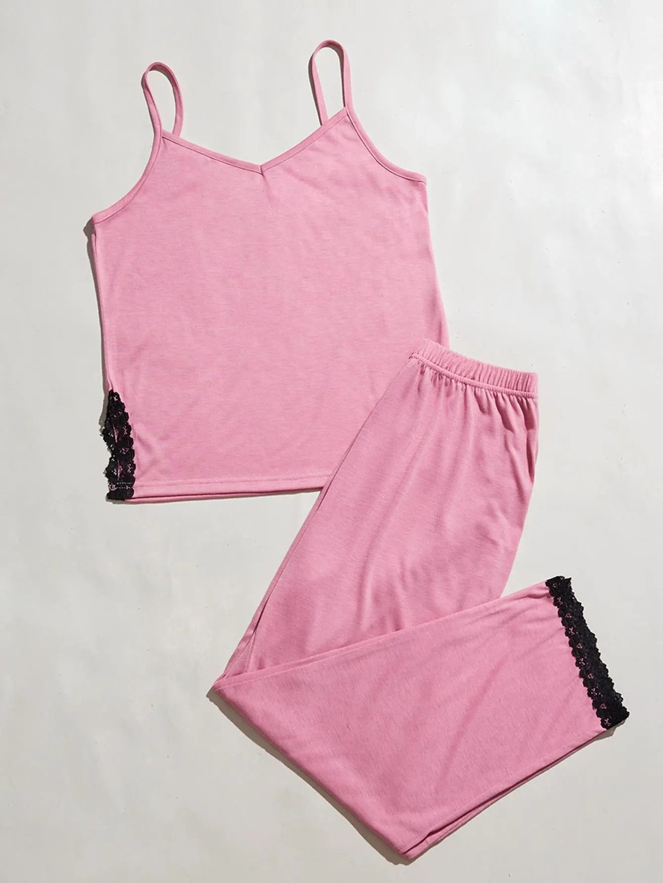 V-Neck Lace Trim Slit Cami and Pants Pajama Set by Partner Label
