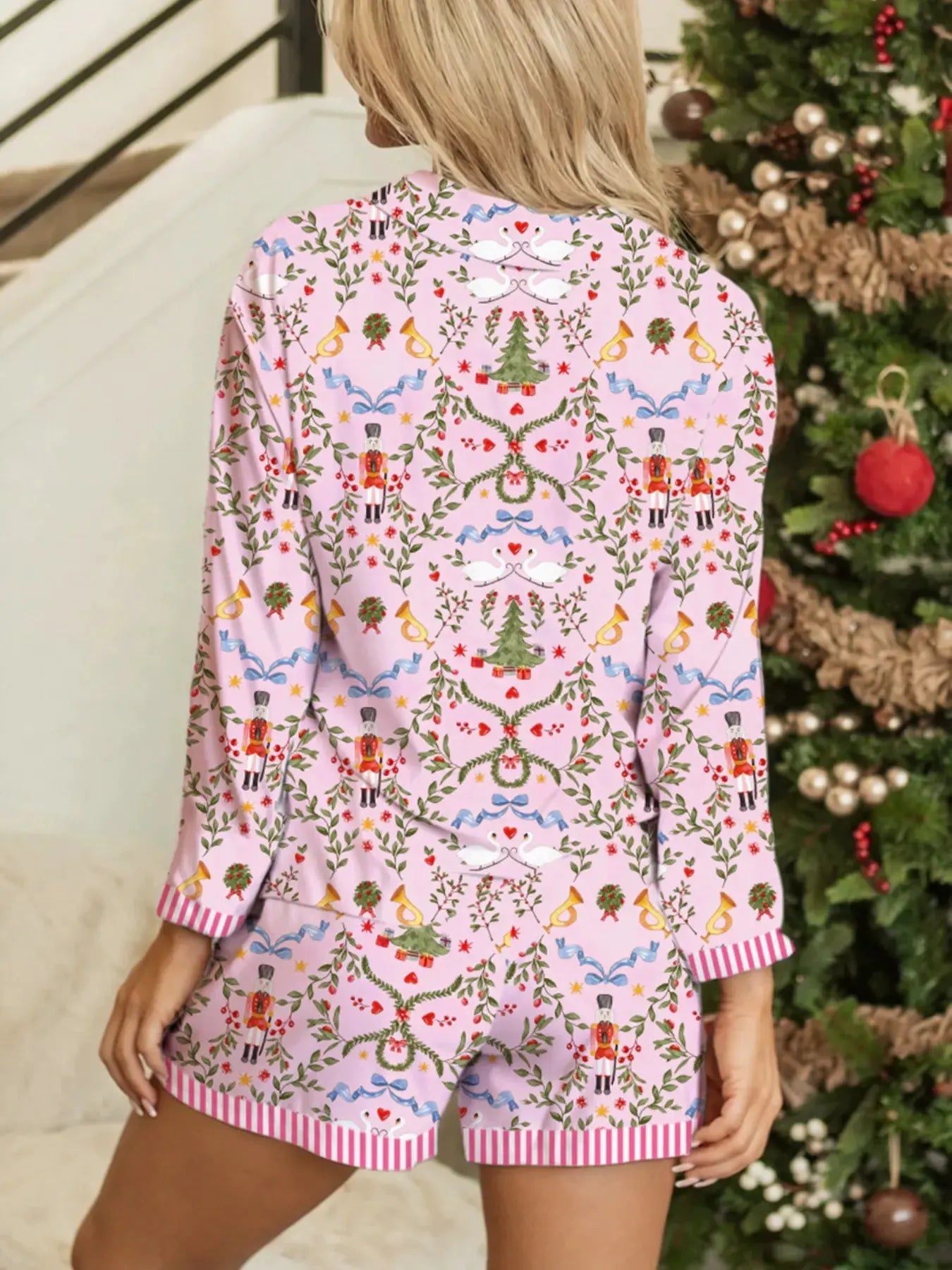 Christmas Holiday Print Nutcracker Long Sleeve Shorts 2pcs Pajama Set by Partner Label