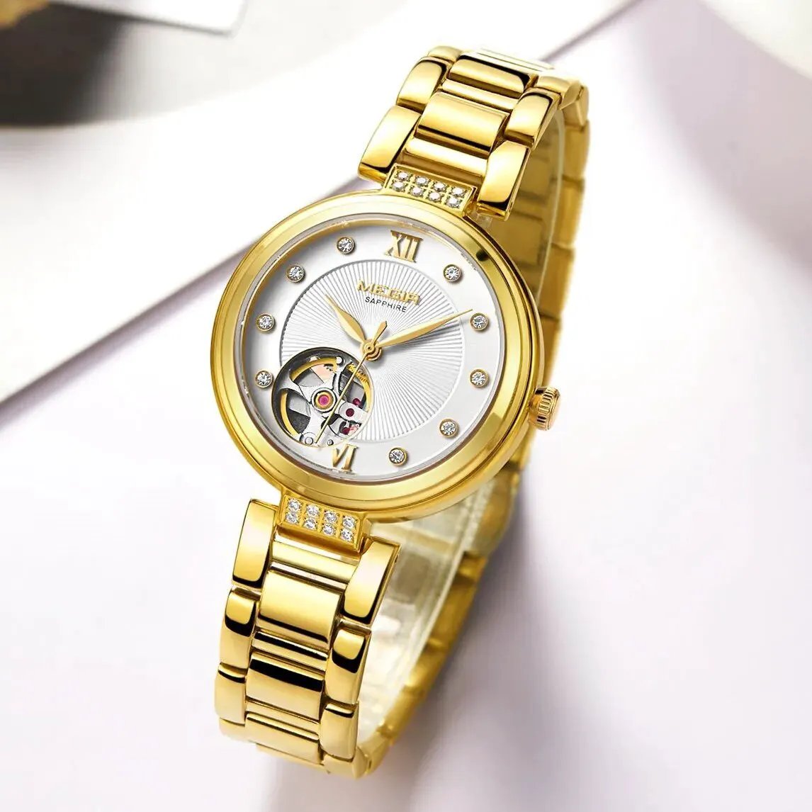 MEGIR Luxury Stainless Steel Gold Women Bracelet Watch Large Dial Automatic Mechanical Wrist Watches Ladies Business Watch Clock 62060 by MEGIR WATCH GROUP