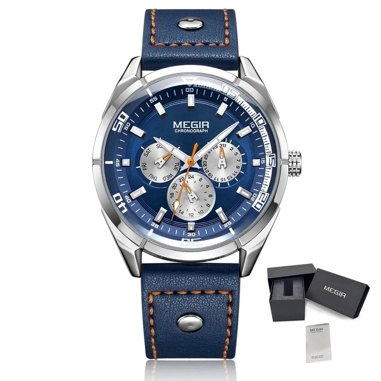 MEGIR Fashion Quartz Chronograph Watch for Men Leather Strap Military Sport Wristwatch Waterproof 24-hour Week Date Clock 2072 by MEGIR WATCH GROUP