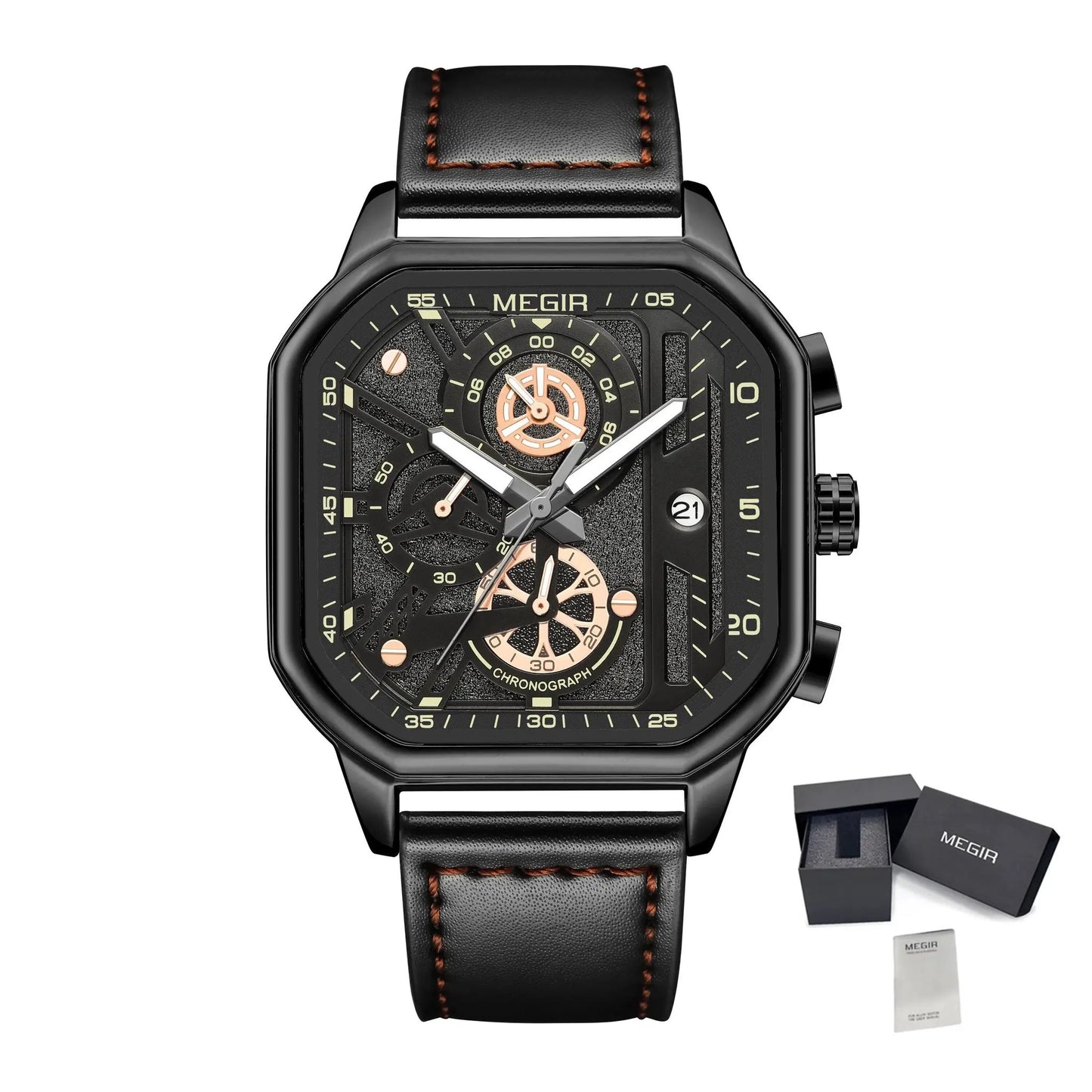 MEGIR Fashion Square Case Men's Sport Watch Quartz Chronograph Luminous Military Wristwatches Luminous Date Clock Reloj Hombre 8106 by MEGIR WATCH GROUP