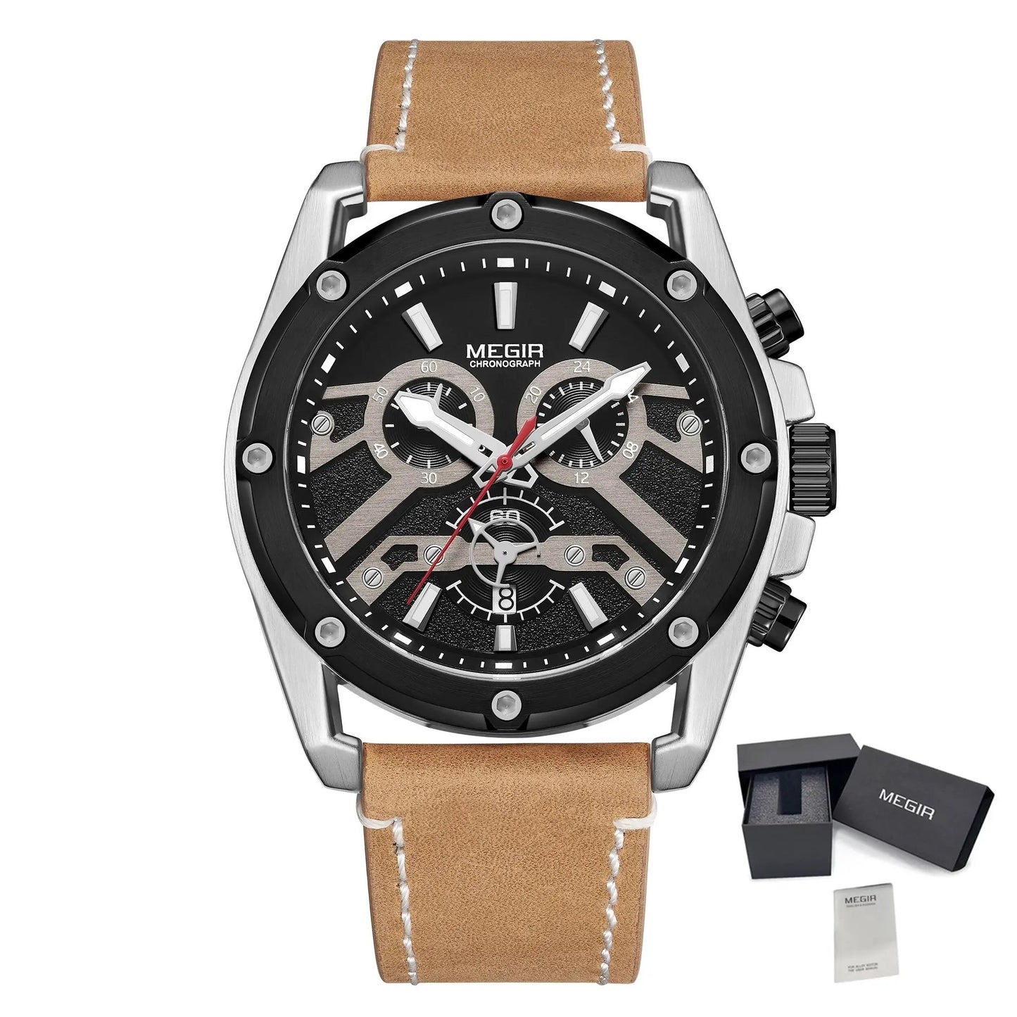 MEGIR Watches for Men Leather Strap Sport Wristwatch Male Clock Waterproof Luminous Quartz Chronograph 24-hour Reloj Hombre 2120 by MEGIR WATCH GROUP