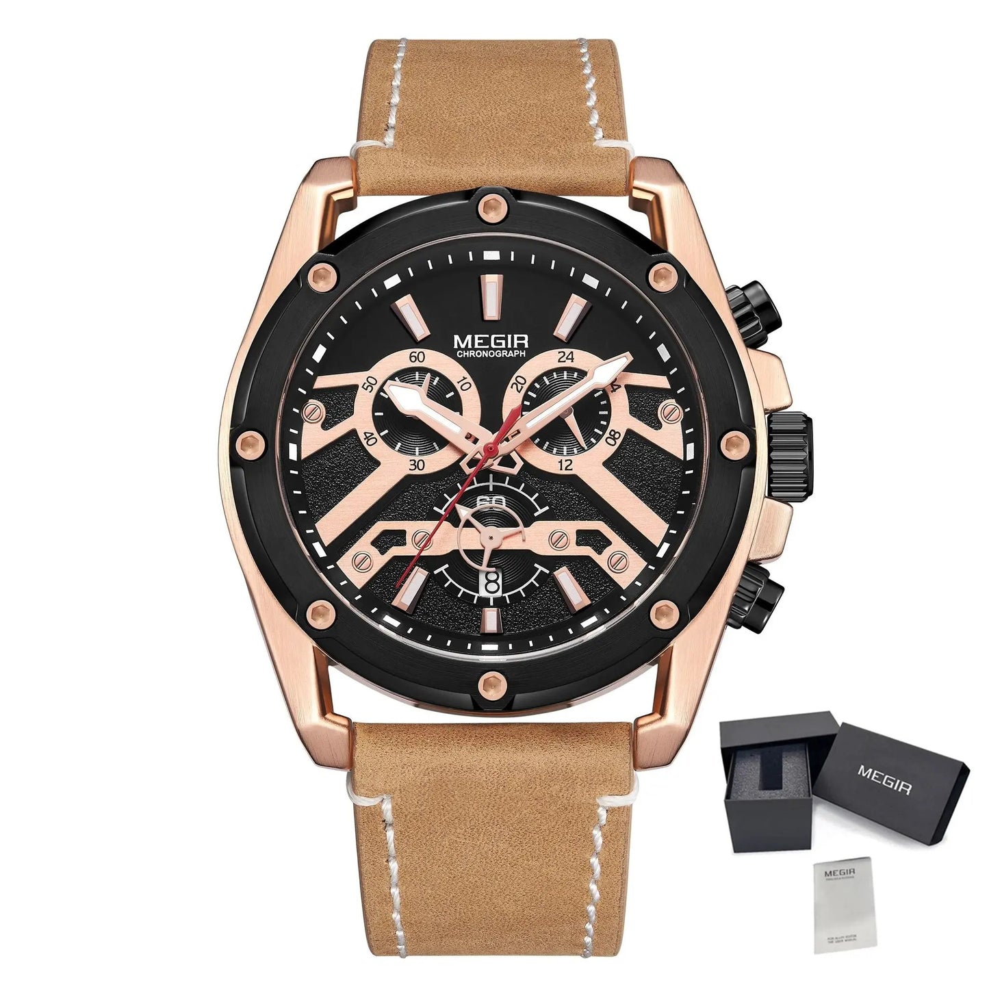 MEGIR Watches for Men Leather Strap Sport Wristwatch Male Clock Waterproof Luminous Quartz Chronograph 24-hour Reloj Hombre 2120 by MEGIR WATCH GROUP