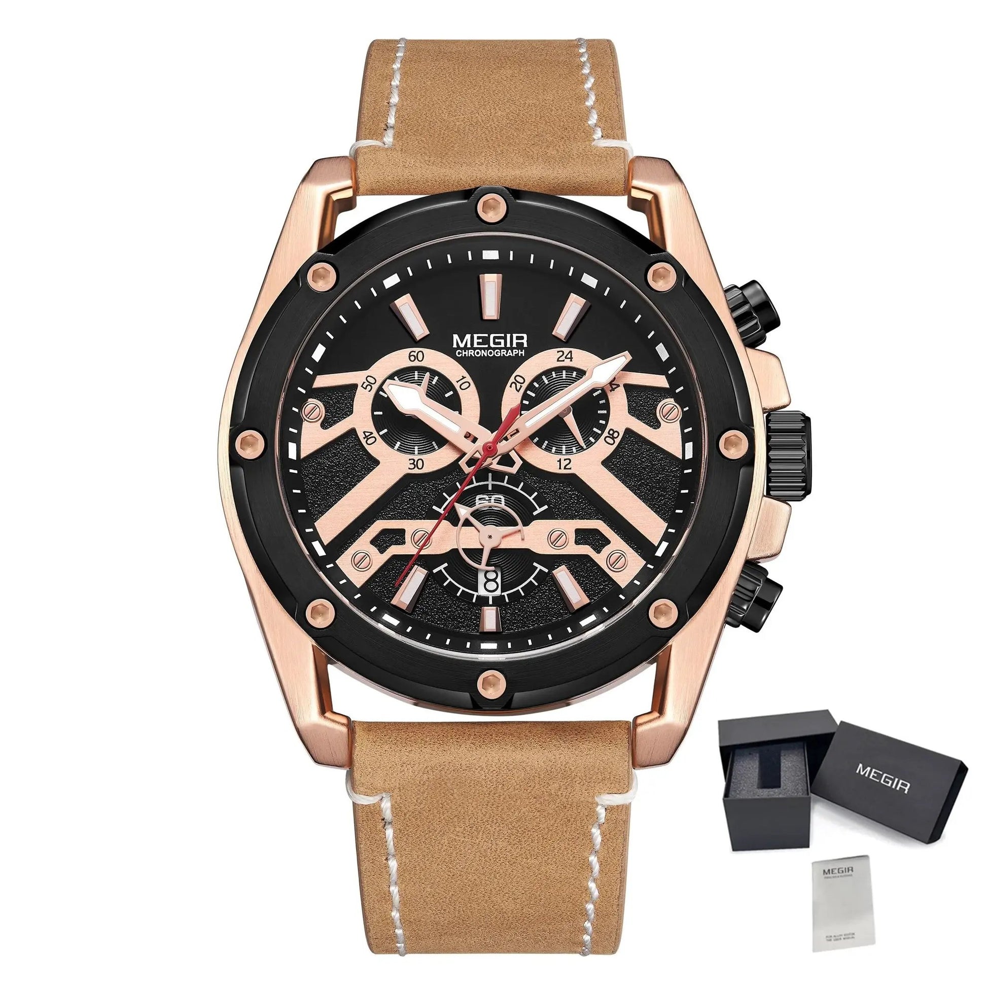 MEGIR Watches for Men Leather Strap Sport Wristwatch Male Clock Waterproof Luminous Quartz Chronograph 24-hour Reloj Hombre 2120 by MEGIR WATCH GROUP