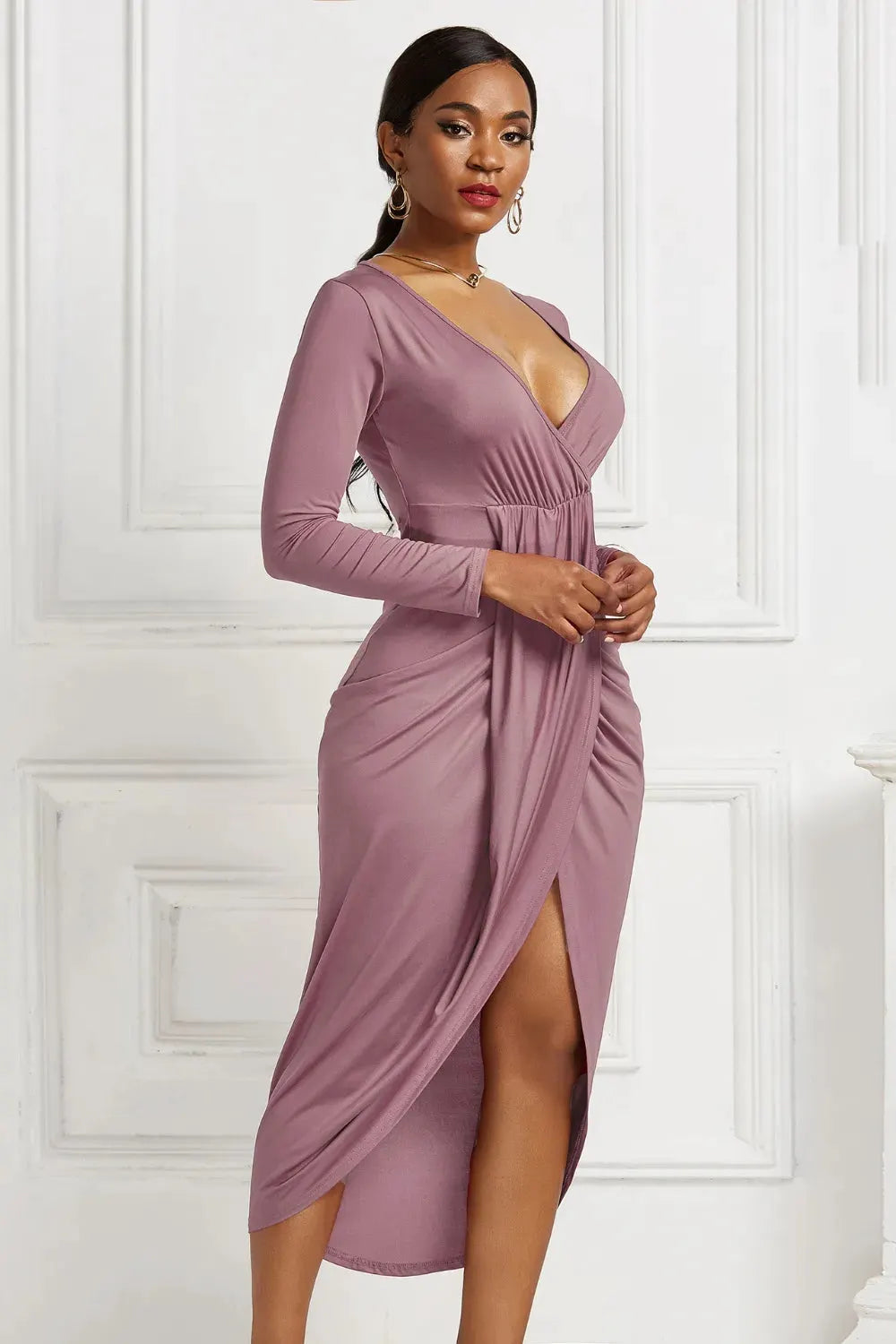 High-low Ruched Surplice Long Sleeve Dress by Partner Label