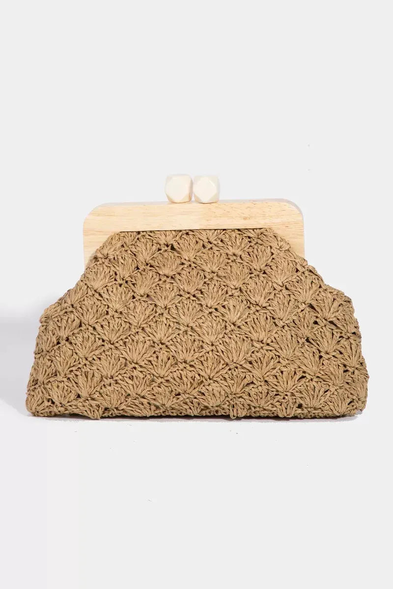 Fame Straw Braided Wooden Frame Cluch Bag by Partner Label