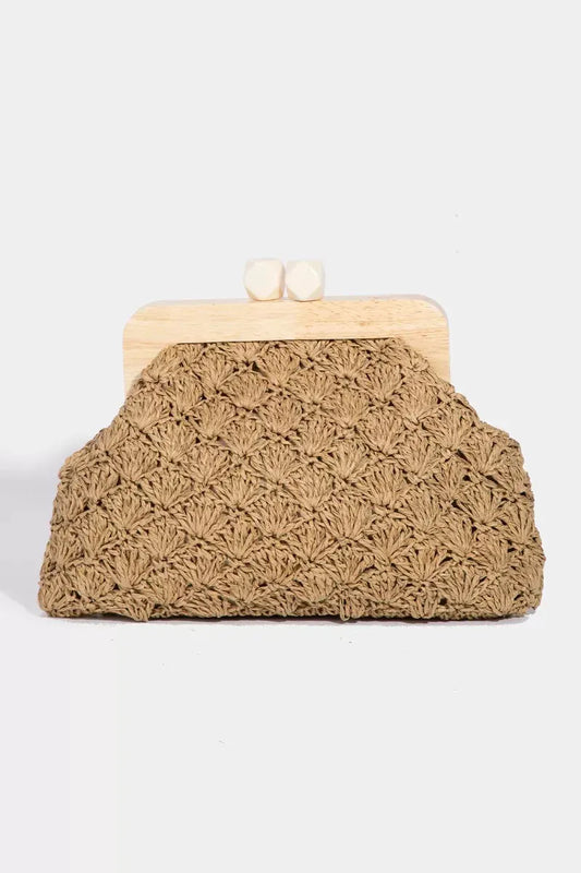 Fame Straw Braided Wooden Frame Cluch Bag by Partner Label