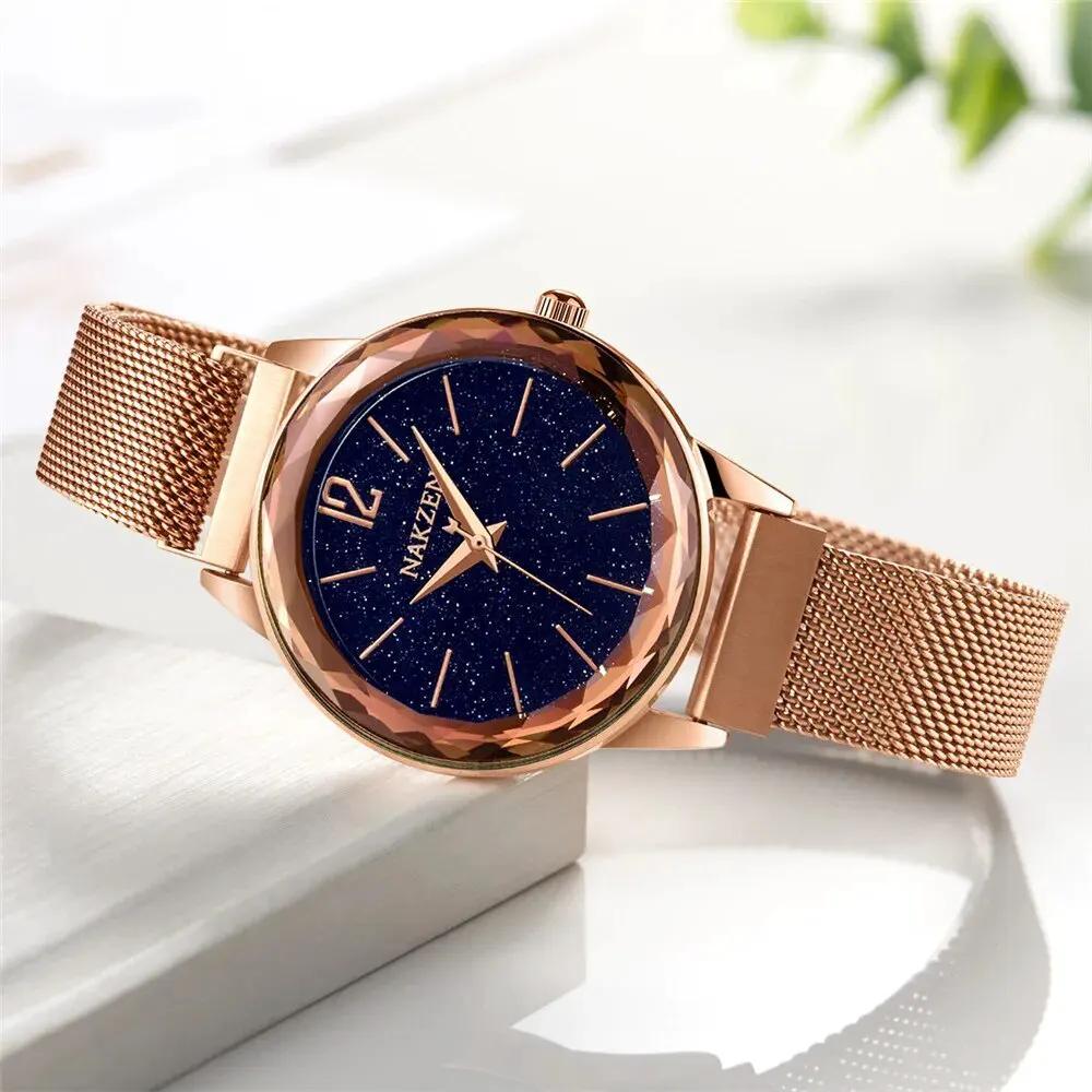 NAKZEN Rose Gold Women Watches Minimalism Starry sky Magnet Buckle Fashion Wristwatch Waterproof Roman Numeral reloj mujer 4206 by MEGIR WATCH GROUP