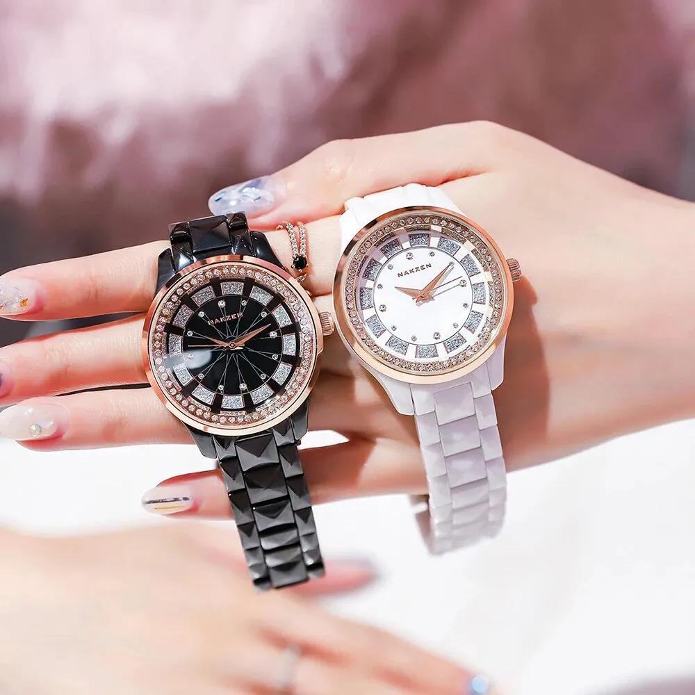 NAKZEN Design Quartz Ladies Watch High Quality Ceramic Bracelet White Watches Luxury Diamond Clock Gifts for Women Relojes De Mu 1025 by MEGIR WATCH GROUP