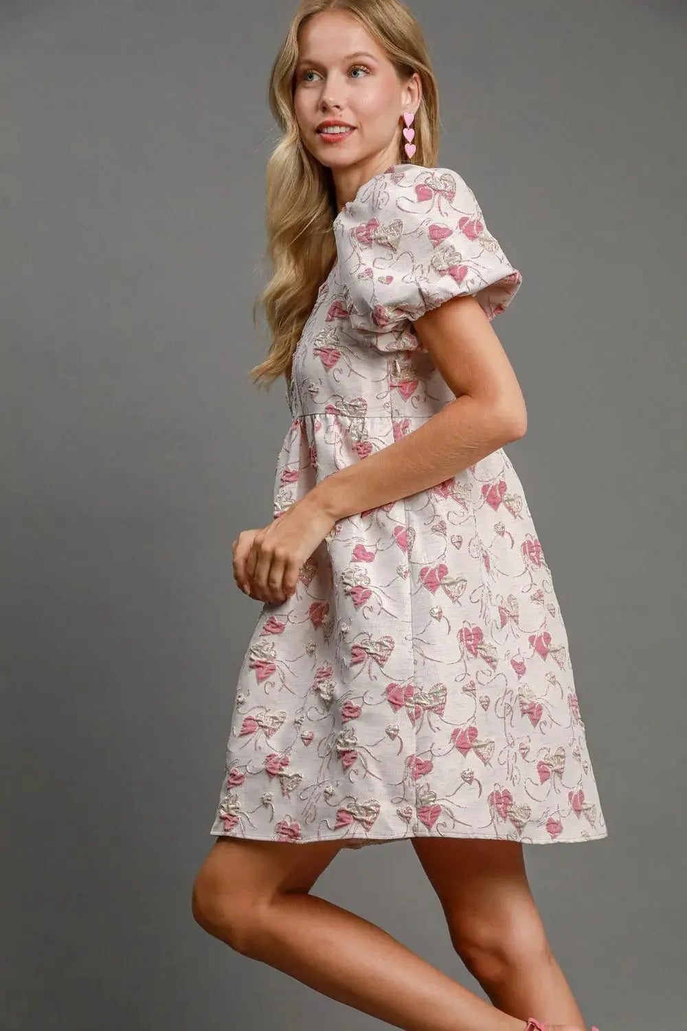 Umgee Heart Jacquard Square Neck Puff Sleeve Mini Dress by Umgee