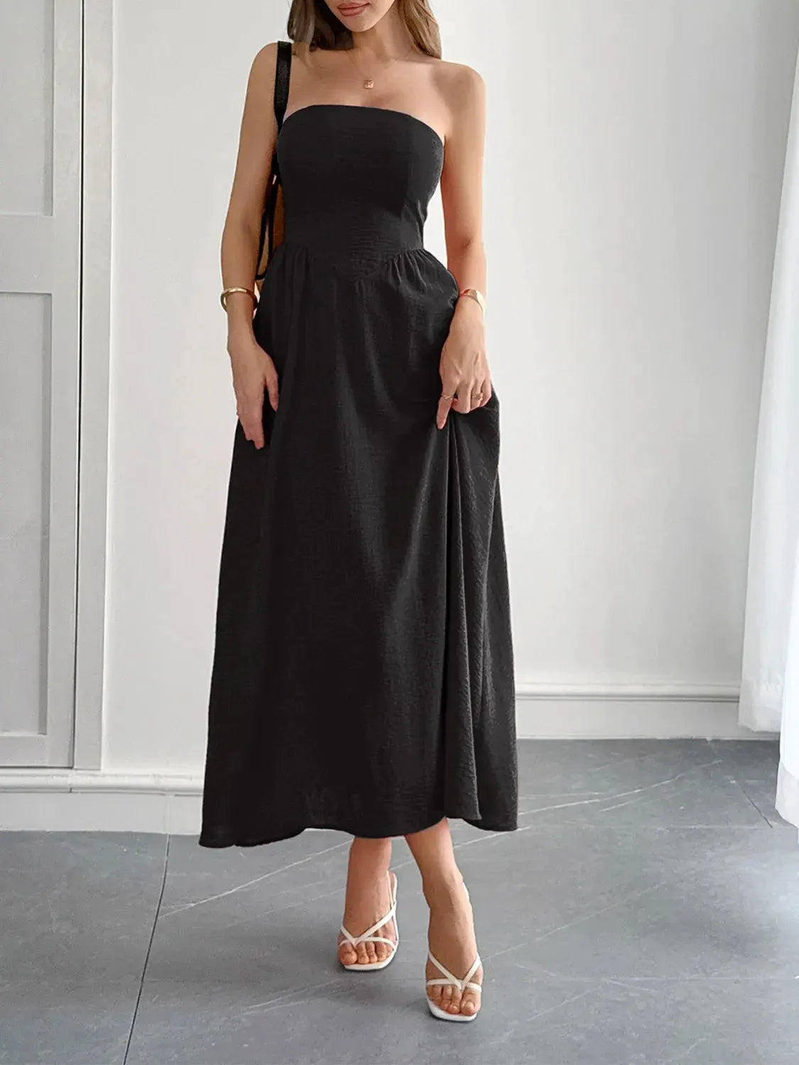 Strapless A-Line Midi Dress with Pockets by Partner Label