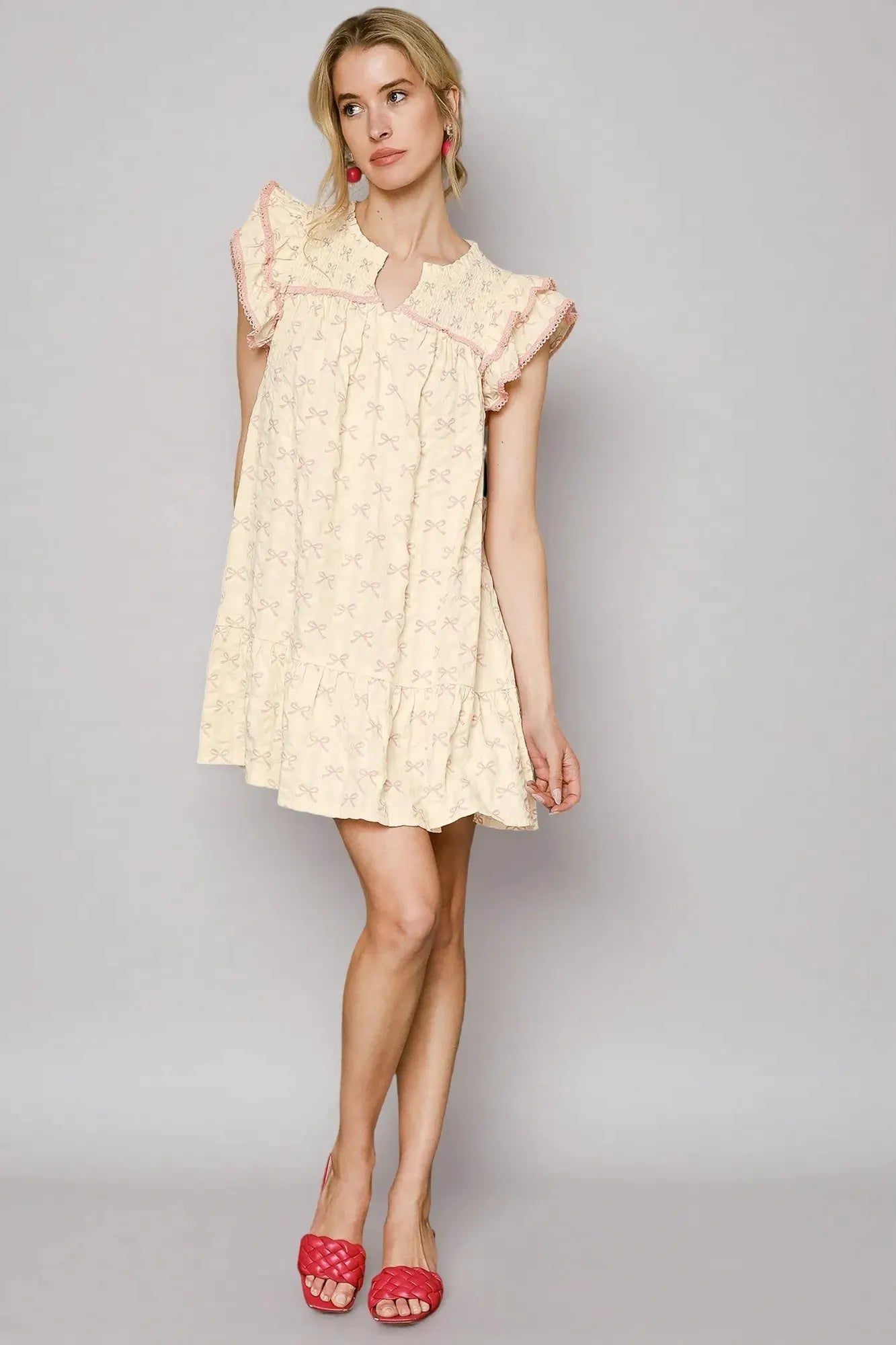Umgee Bow Print Ruffled Cap Sleeve Mini Dress by Umgee