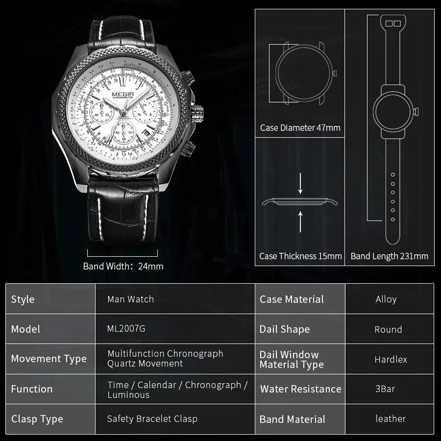 MEGIR Luxury Quartz Wristwatches Fashion Casual Leather Strap Men Sports Watch Large Dial Chronograph Date Clock Montre Homme 2007 by MEGIR WATCH GROUP
