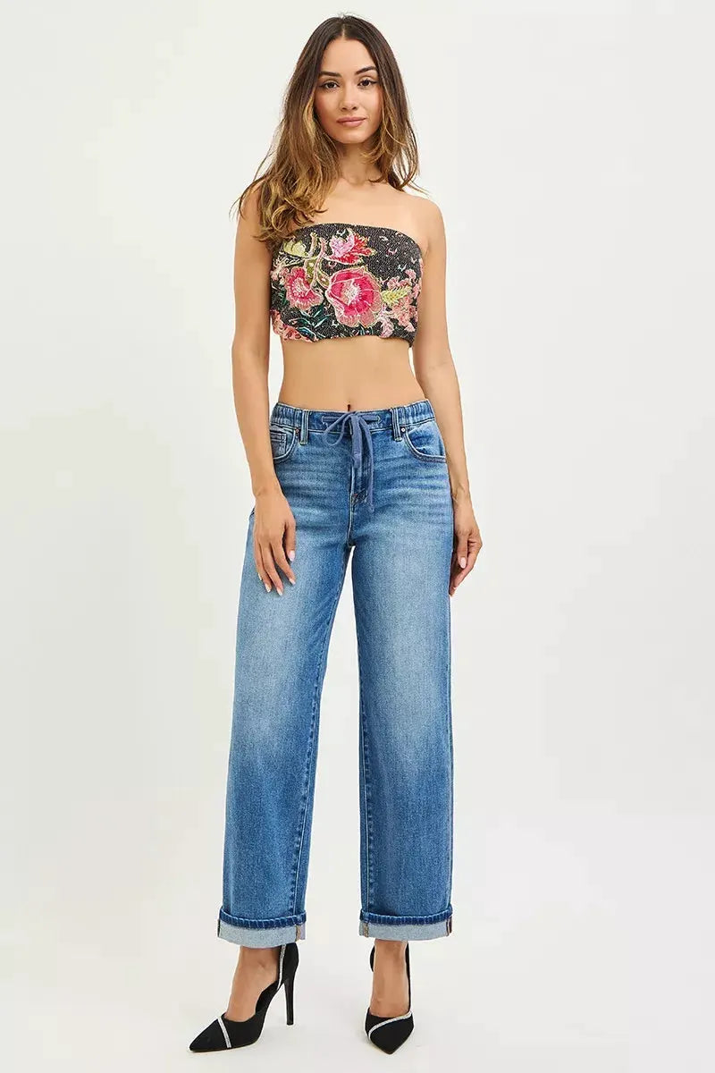 RISEN Elastic Band Slouch Ankle Boyfriend Cuffed Hem Jeans by RISEN