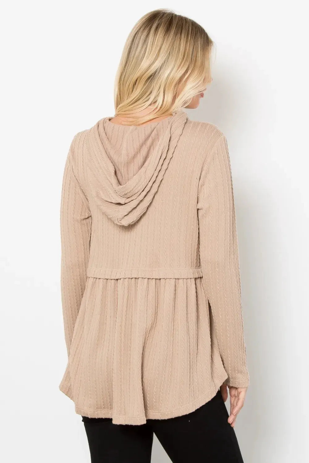 Be Stage Full Size Long Sleeve Peplum Cable Knit Hoodie by BE Stage