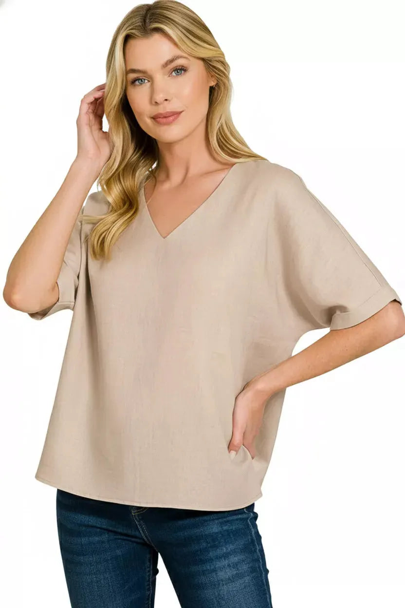Zenana Linen V-Neck Cuffed Sleeve Top by Zenana