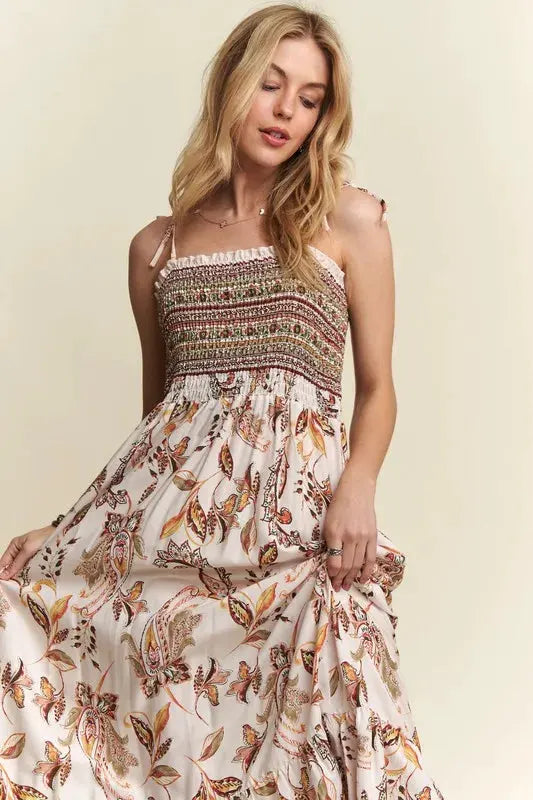 ADORA Smocked Printed Square Neck Tie Shoulder Cami Dress by Partner Label