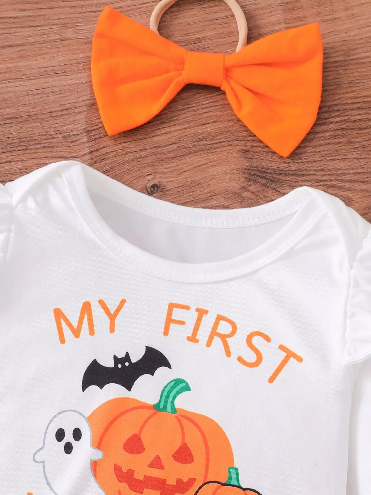 Children's Halloween Skull Print Long Sleeve Bodysuit and Pants Set with Bow Headband by Trendsi