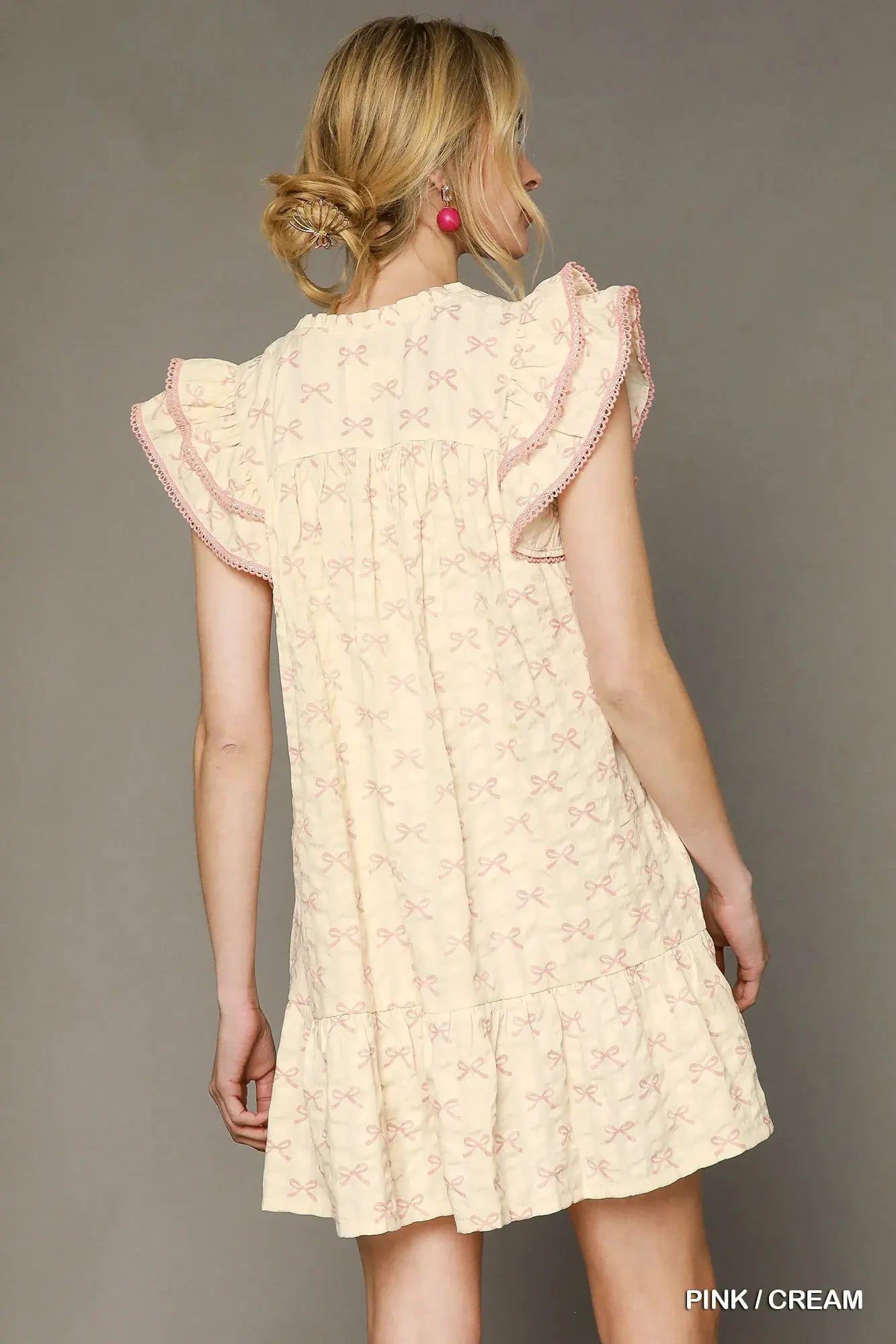 Umgee Bow Print Ruffled Cap Sleeve Mini Dress by Umgee