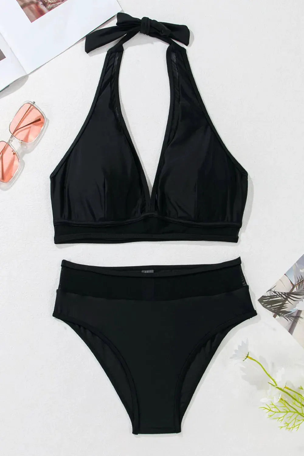 Sheer Mesh Edged Halter V Neck Push Up Bikini Set by Partner Label