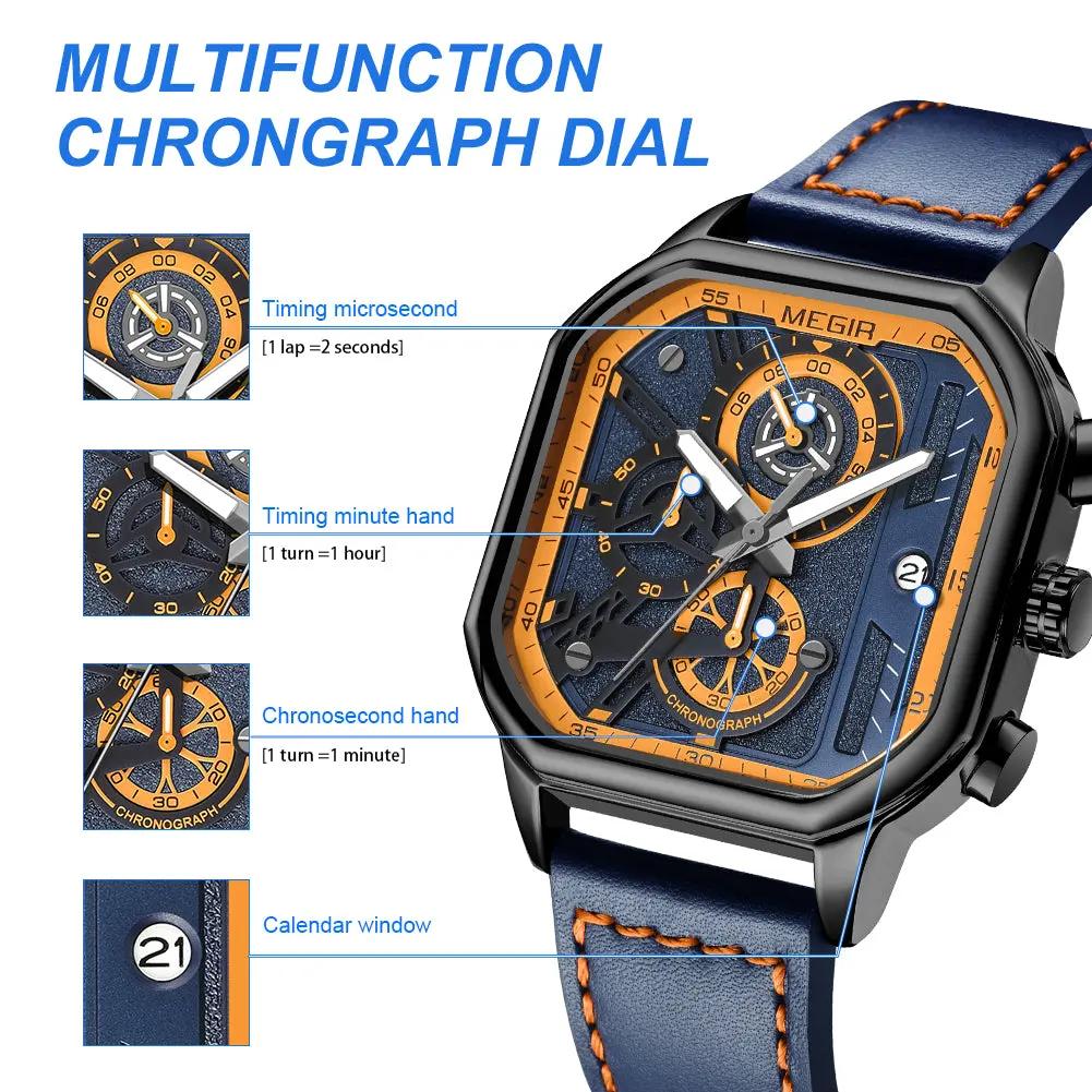 MEGIR Fashion Square Case Men's Sport Watch Quartz Chronograph Luminous Military Wristwatches Luminous Date Clock Reloj Hombre 8106 by MEGIR WATCH GROUP