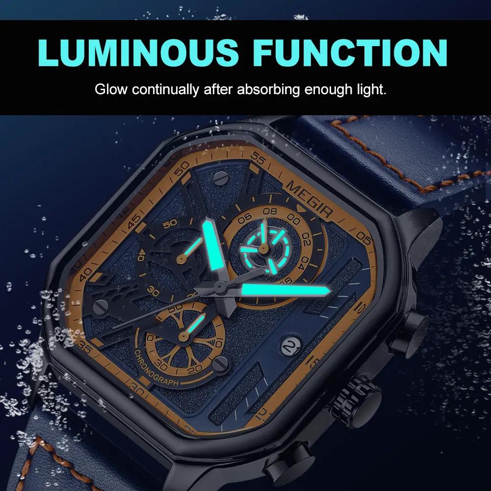 MEGIR Fashion Square Case Men's Sport Watch Quartz Chronograph Luminous Military Wristwatches Luminous Date Clock Reloj Hombre 8106 by MEGIR WATCH GROUP