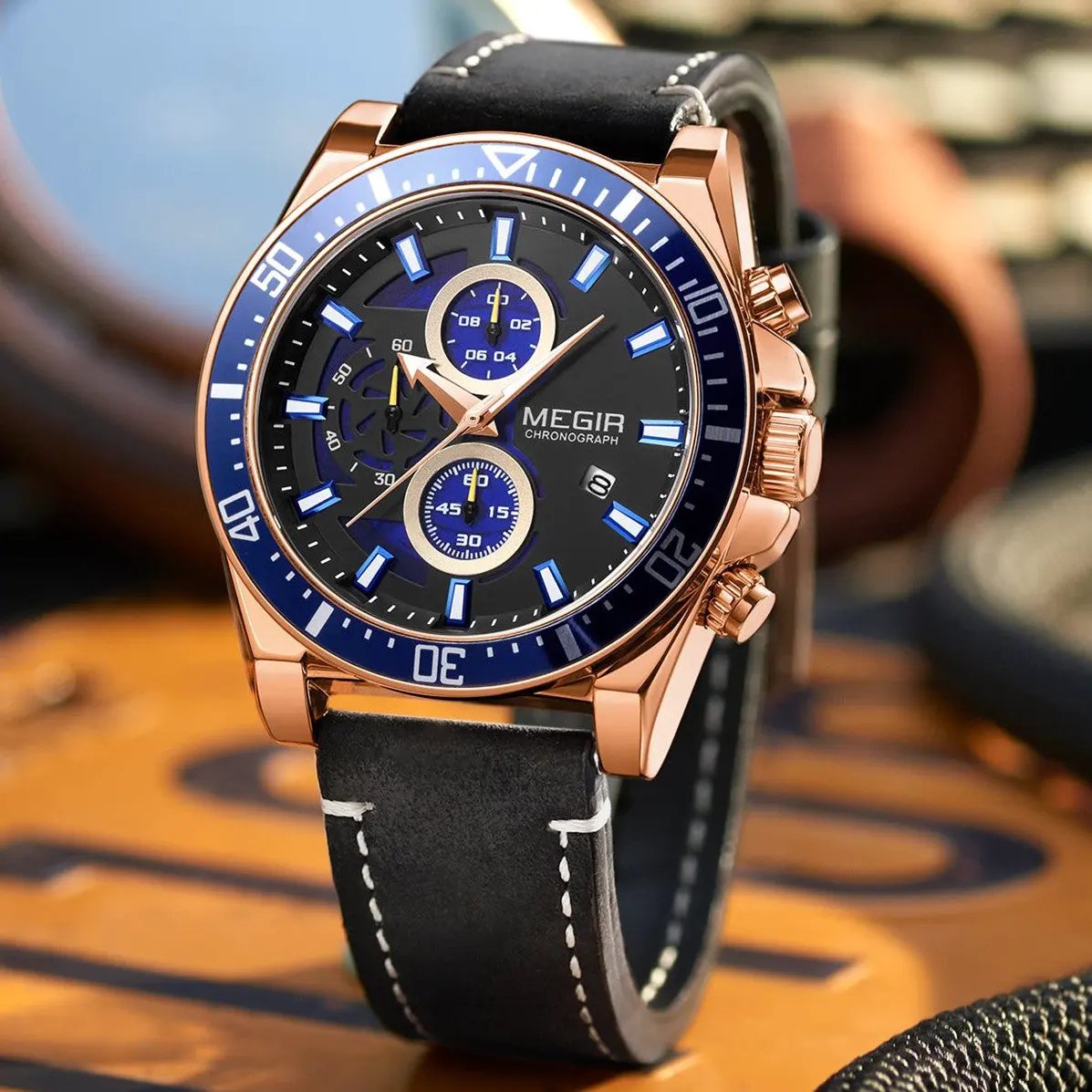 MEGIR Fashion Watches for Men Leather Strap Sport Military Wristwatch Man Quartz Watch Waterproof Chronograph with Calendar 2132 by MEGIR WATCH GROUP
