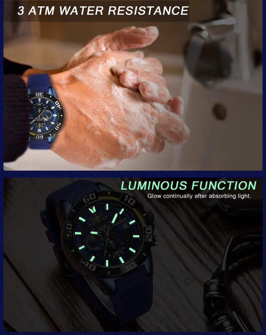 MEGIR Men Wristwatch Top Brand Luxury Silicone Strap Sport Watches Waterproof Luminous Quartz Clock Chronograph Reloj Hombre 2121 by MEGIR WATCH GROUP