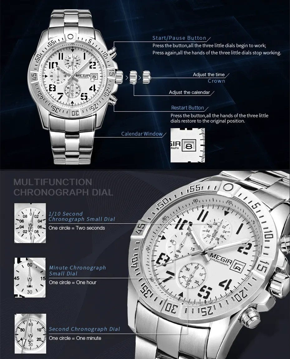 MEGIR Men's Business Quartz Watches Top Luxury Brand Casual Wristwatch Waterproof Date Clock Stainless Steel Man Chronograph 2030 by MEGIR WATCH GROUP