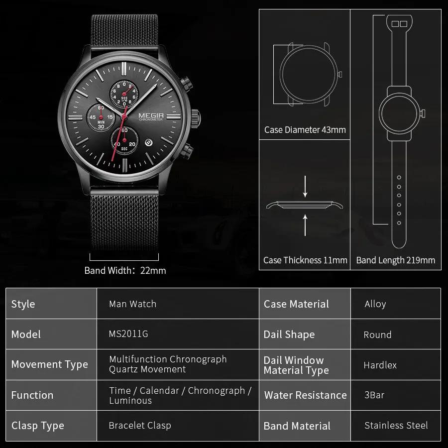 MEGIR Men's Quartz Watch Luxury Steel Mesh Bracelet Wristwatch Waterproof Business Casual Clock Date Chronograph Reloj Hombre 2011 by MEGIR WATCH GROUP