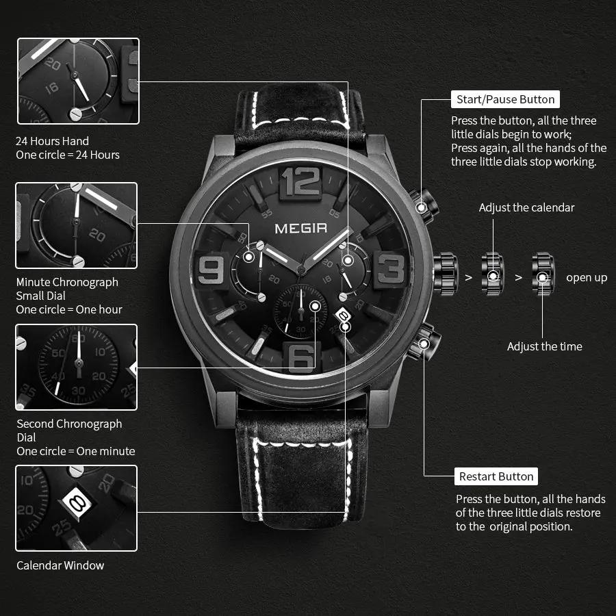 MEGIR Luxury Watches for Men Quartz Chronograph Waterproof Calendar Luminous Sport Military Wristwatch Clock Reloj Hombre 3010 by MEGIR WATCH GROUP