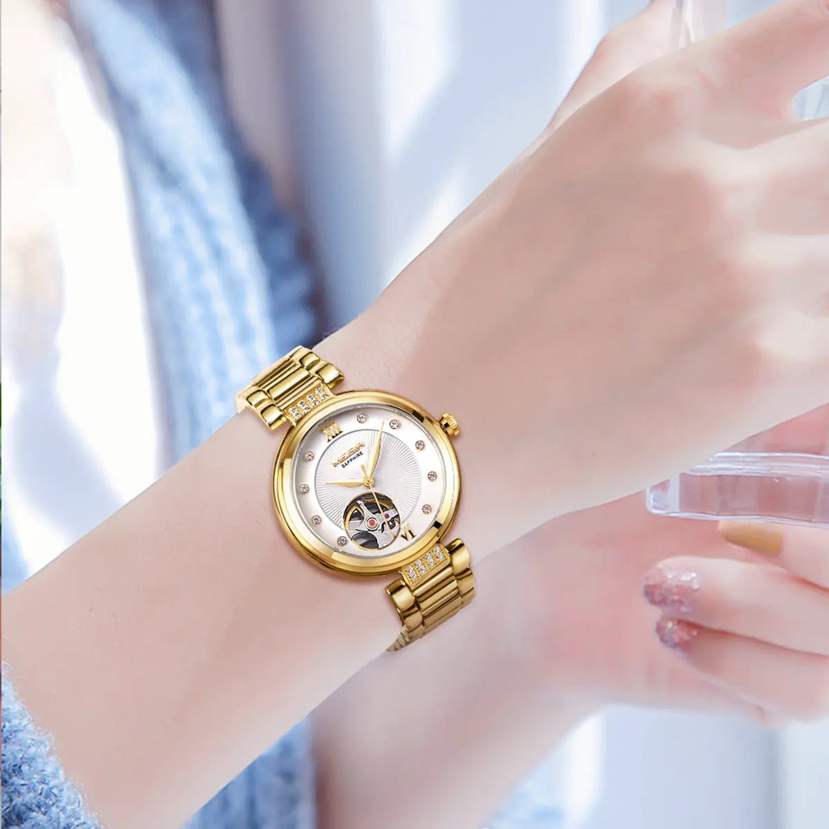MEGIR Luxury Stainless Steel Gold Women Bracelet Watch Large Dial Automatic Mechanical Wrist Watches Ladies Business Watch Clock 62060 by MEGIR WATCH GROUP