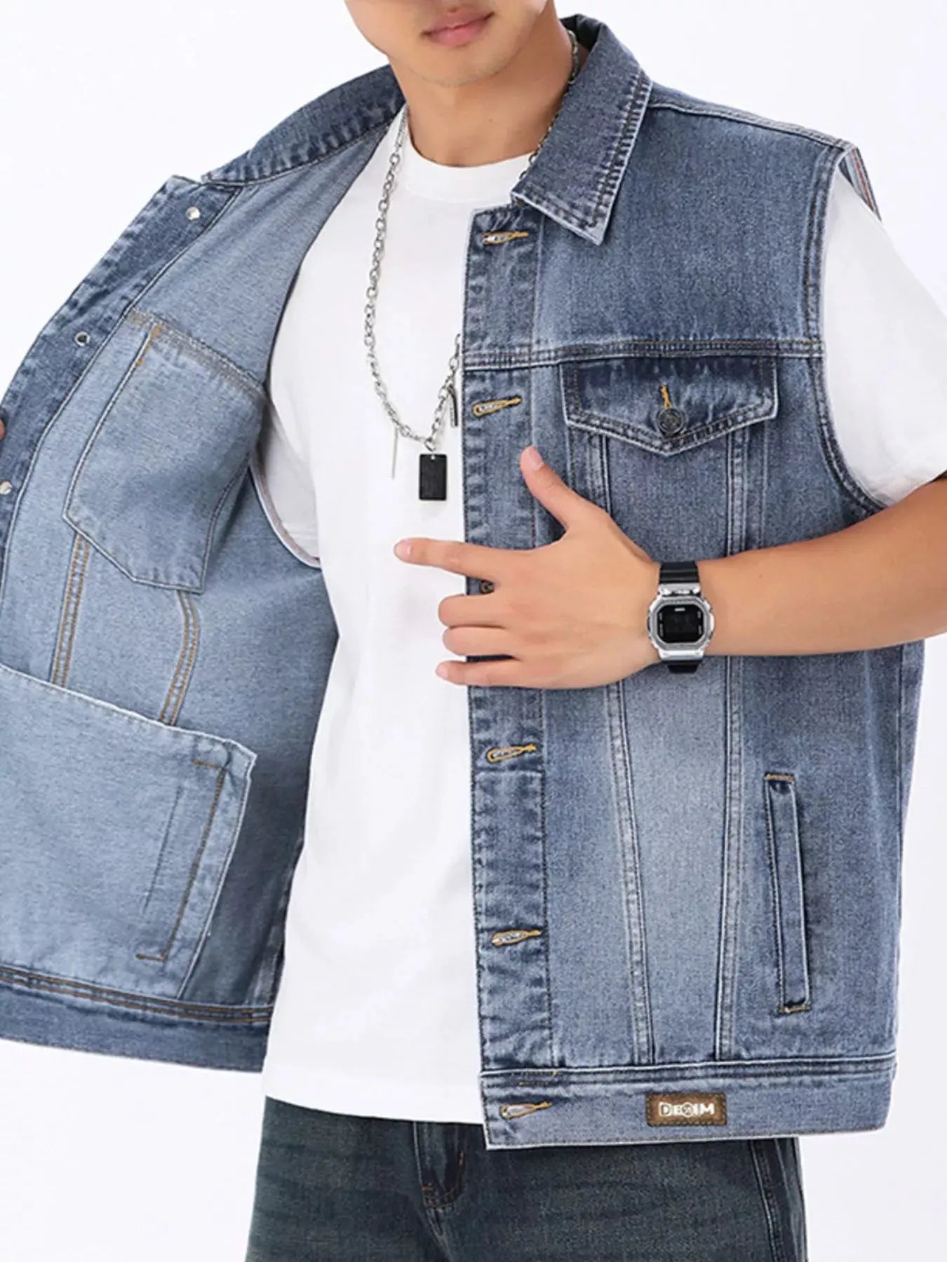 Men's Plus Size Vintage Washed Sleeveless Denim Vest by Trendsi