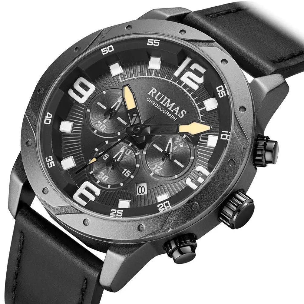 RUIMAS Relogio Masculino Fashion Men Quartz Watch Leather Sport Military Wristwatch Waterproof Clock with Auto Date 595 by MEGIR WATCH GROUP