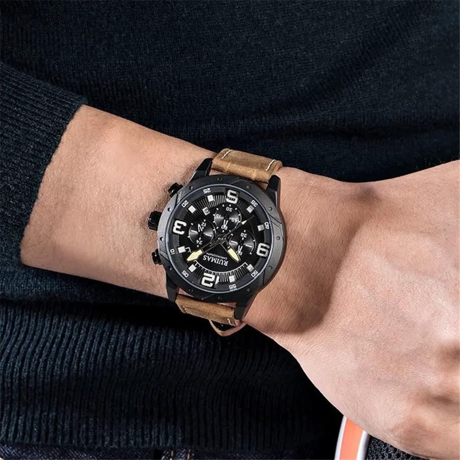 RUIMAS Relogio Masculino Fashion Men Quartz Watch Leather Sport Military Wristwatch Waterproof Clock with Auto Date 595 by MEGIR WATCH GROUP
