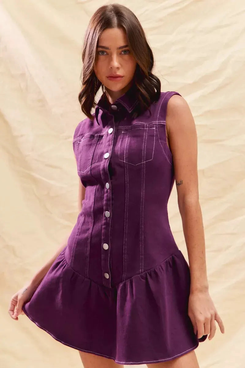 SO ME Button Down Sleeveless Collared Game Day Mini Dress by SO ME