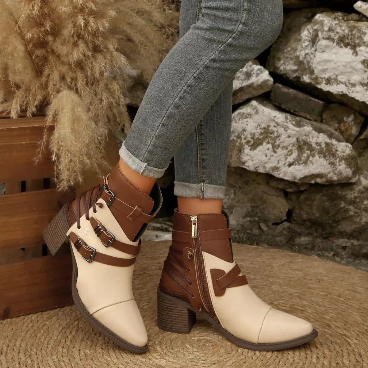 Point Toe Buckle Strap Ankle Boots with Block Heels by Partner Label