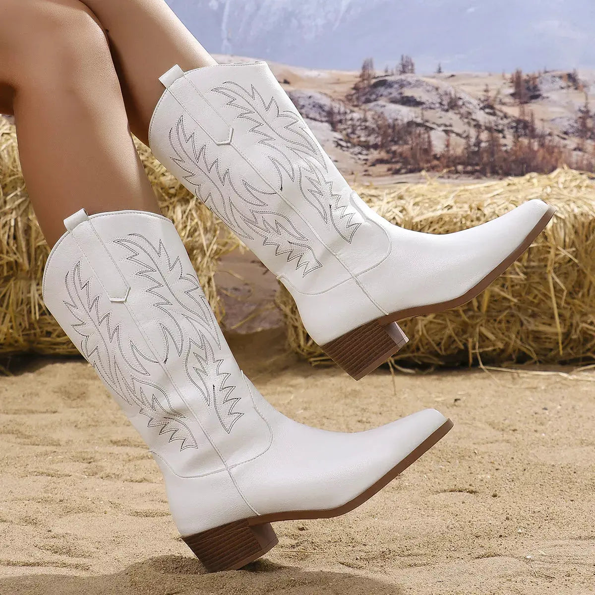 Embroidered Point Toe Block Heels Boots by Partner Label