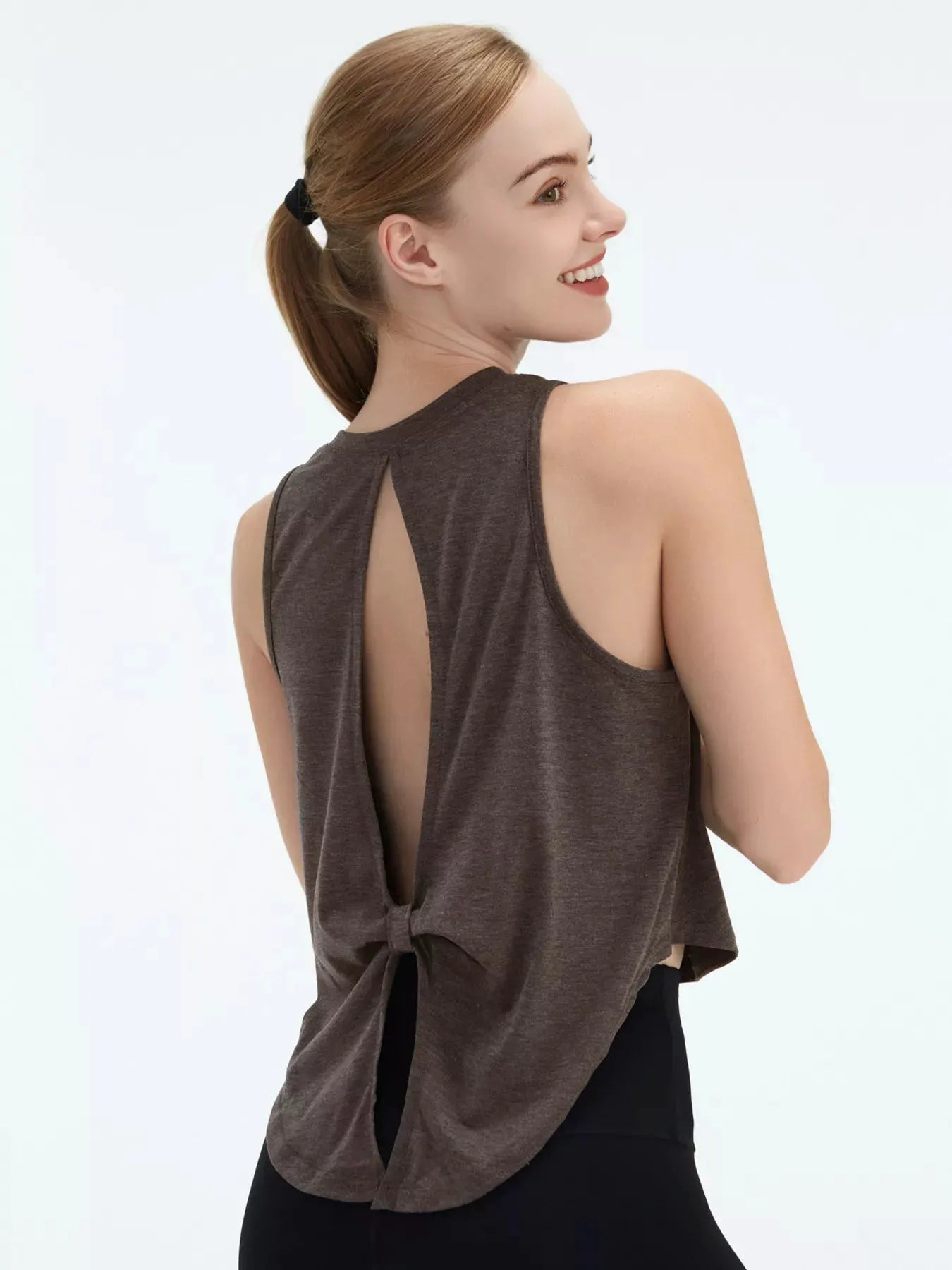 Cutout Back Round Neck Active Tank by Trendsi